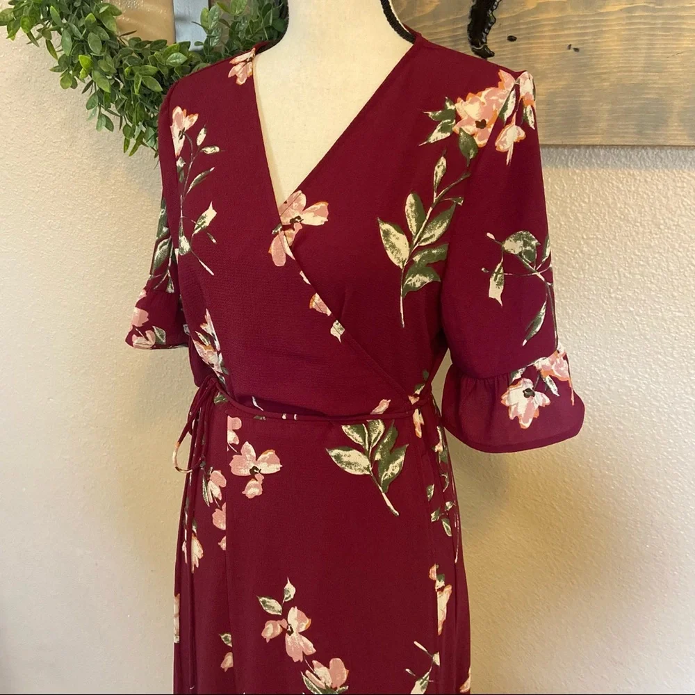 NWOT Lulus September Sunsets Burgundy Floral Print Wrap Maxi Dress_5